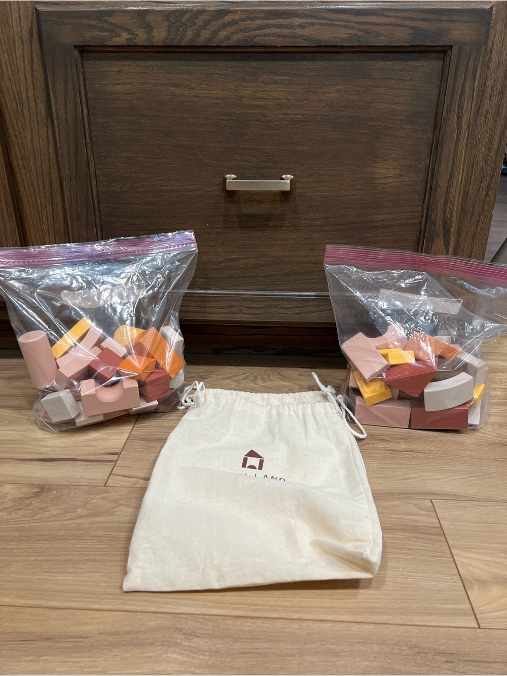 Tiny Land Pink & Orange Wooden Block Storage Bag Set 68 piece set
